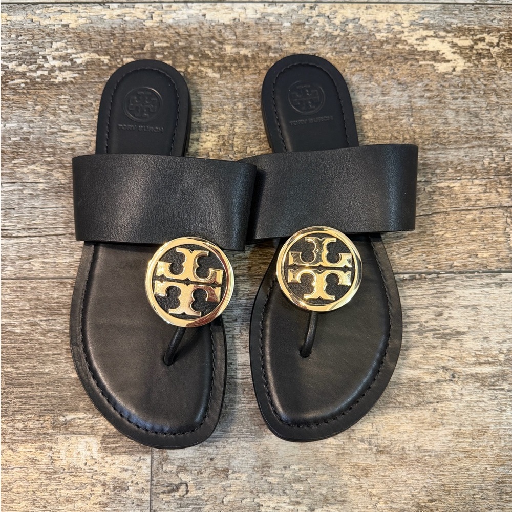 Tory Burch Black Leather Toe-Post Sandals with Gold Logo Medallions